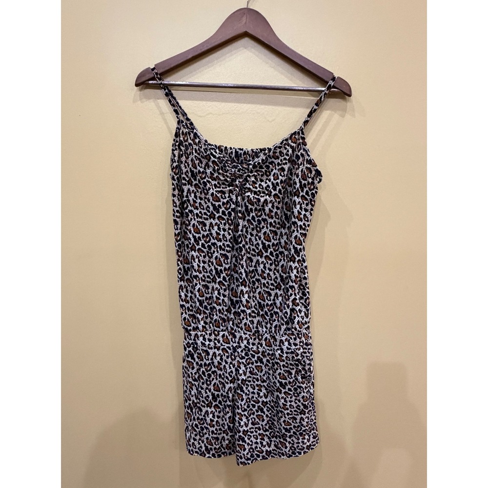 Leopard Print Romper Spaghetti Strap Ruched Pockets Small Indie Sleaze